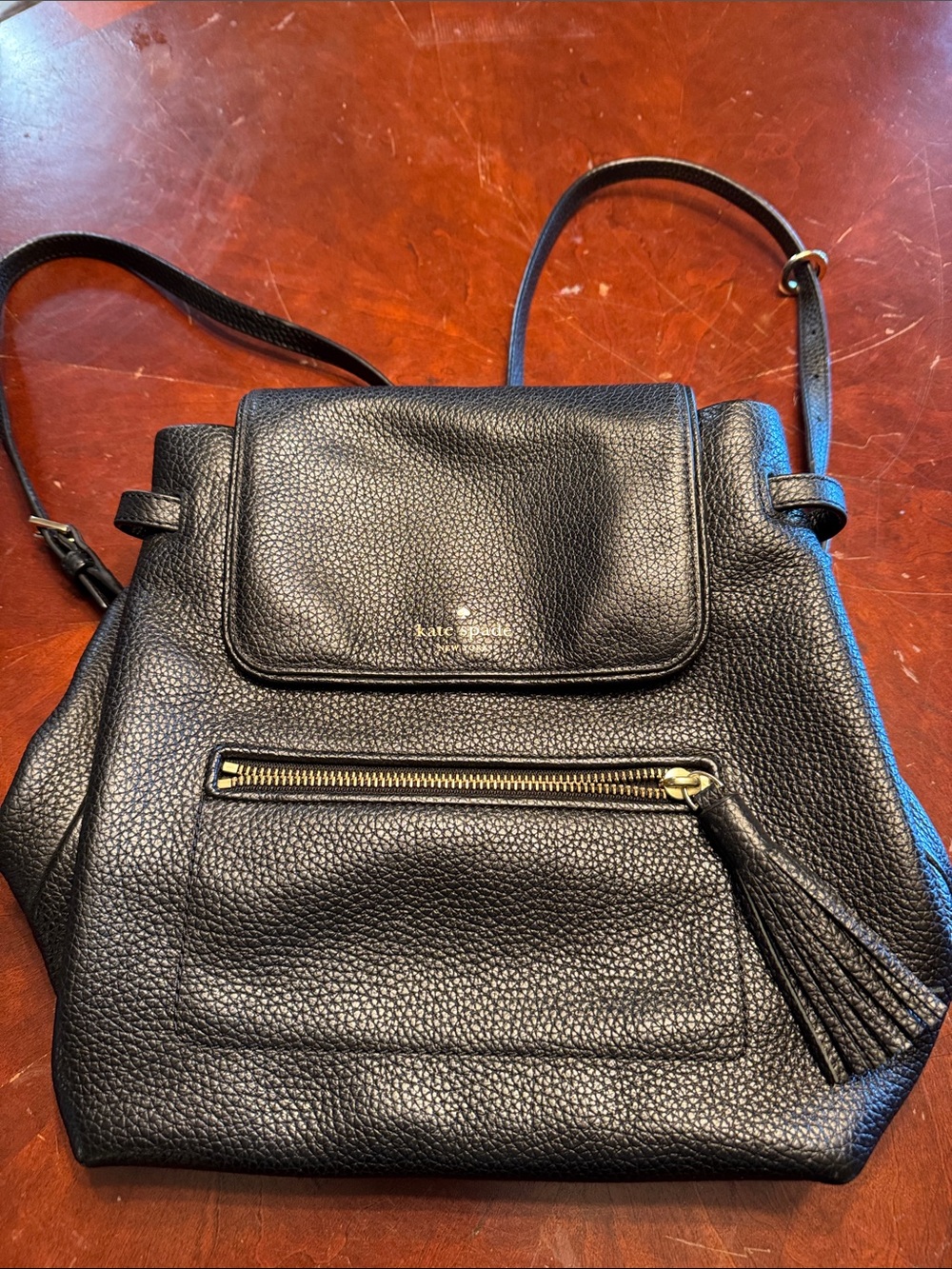 kate spade Black Pebbled Leather Tassel Front-Zip Crossbody